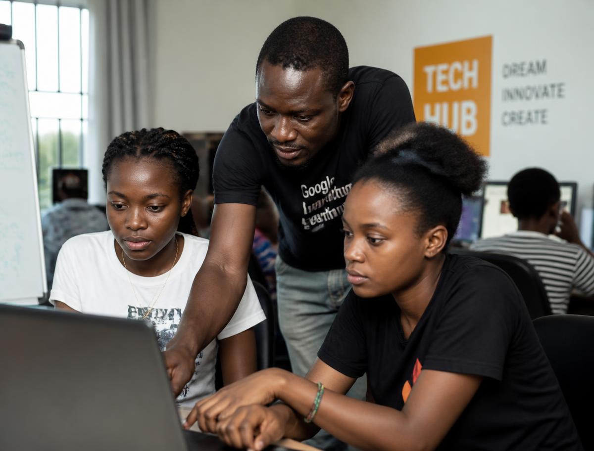 A mentor guiding young African women through code at a community tech hub